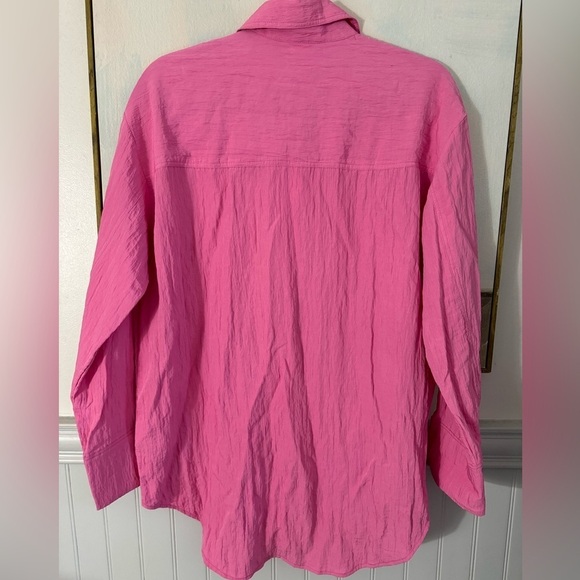 H&M Hot Pink Crinkled Chiffon Long Sleeve Button Down Shirt Size Small NWT - Picture 7 of 7